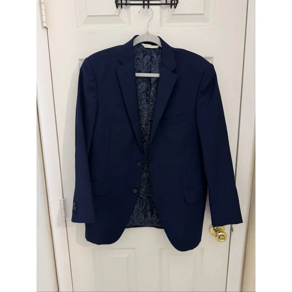 Carl Sterr Loro Piana Italy 100% Wool Navy Blue Blazer Size 38R Plaid Check
